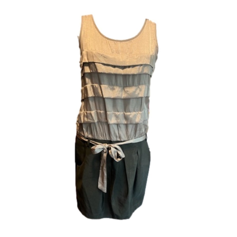 Ya Los Angeles cream and green tiered ruffled sleeveless belted mini dress M